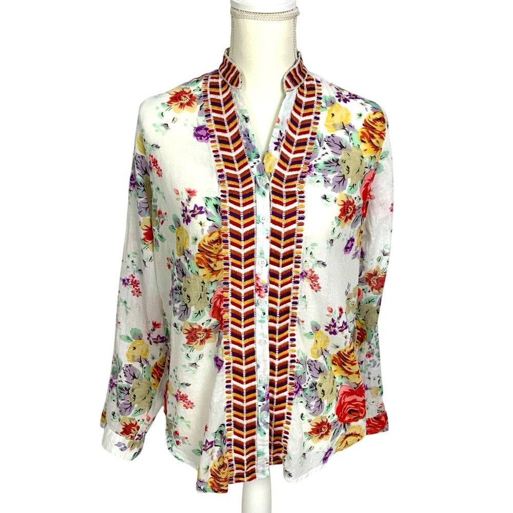 Floral Embroidered Boho Cottagecore Blouse 100% Cotton Lightweight L Romantic